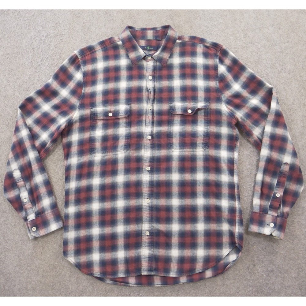 Seven For All Mankind Shirt Large Red Blue Button Up Long Sleeve Plaid Flannel